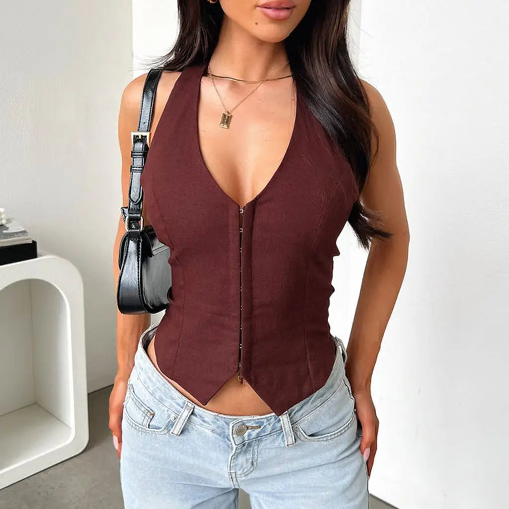 Combhasaki Women's Summer Halter Neck Crop Tank Tops Solid Color Sleeveless Back Tie-up Buckle Down Irregular Hem Slim Fit Vest