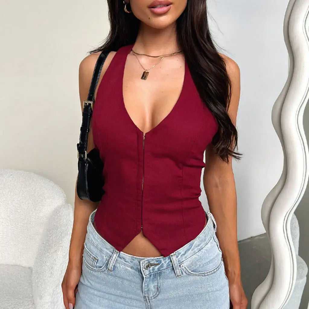 Combhasaki Women's Summer Halter Neck Crop Tank Tops Solid Color Sleeveless Back Tie-up Buckle Down Irregular Hem Slim Fit Vest