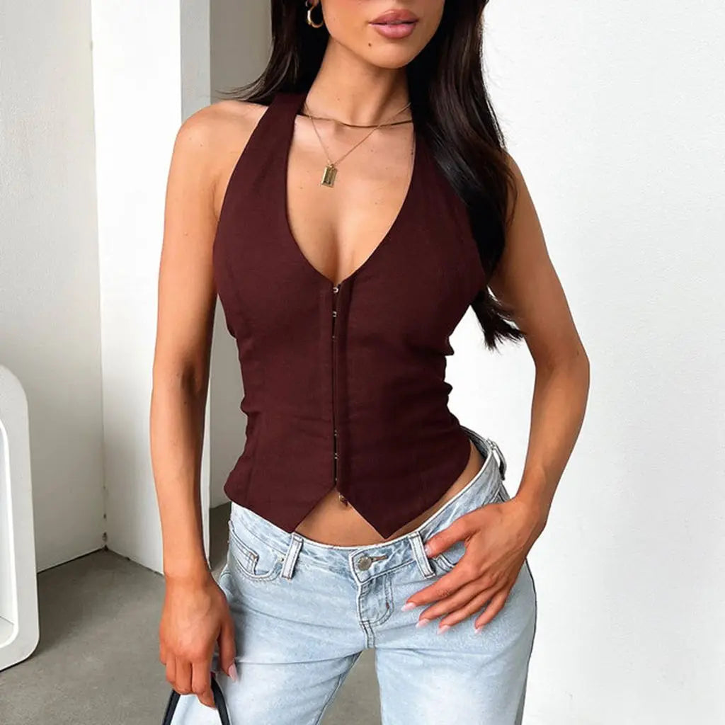 Combhasaki Women's Summer Halter Neck Crop Tank Tops Solid Color Sleeveless Back Tie-up Buckle Down Irregular Hem Slim Fit Vest