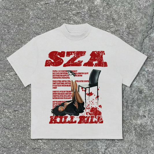 Sza Print Kill Bill Retro Graphic Cotton T-Shirt Men Street Trend Retro Y2K Short Sleeve Women's Fashion Hip Hop Rock Top